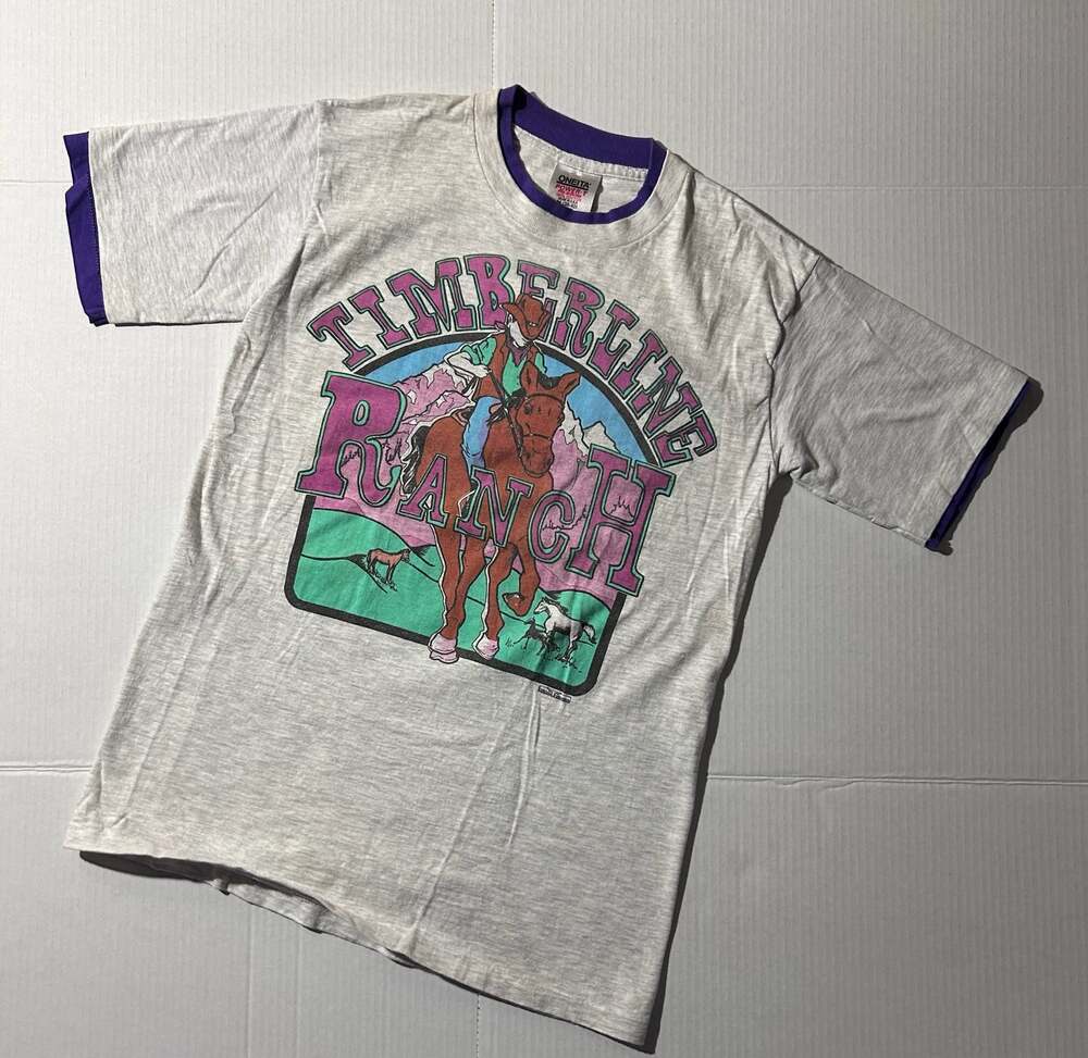 Vintage 90s USA Oneita Timberline Ranch Cowboy Horse Graphic Ringer